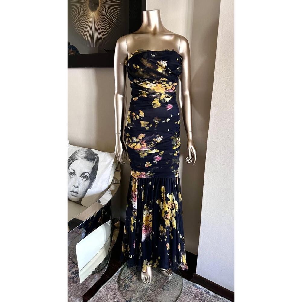 Dolce & Gabbana Black Yellow Floral Ruched Silk Chiffon Evening Gown (IT38/US 2) - Picture 10 of 12